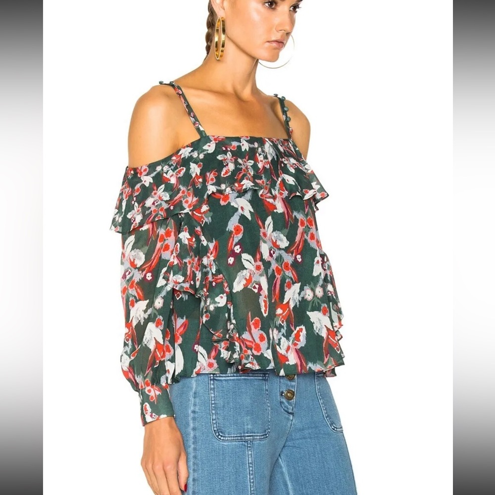 Tanya Taylor Saks Floral Ikat Gauze Daisy Silk Cold Shoulder Top Sz 2 / XS NWT